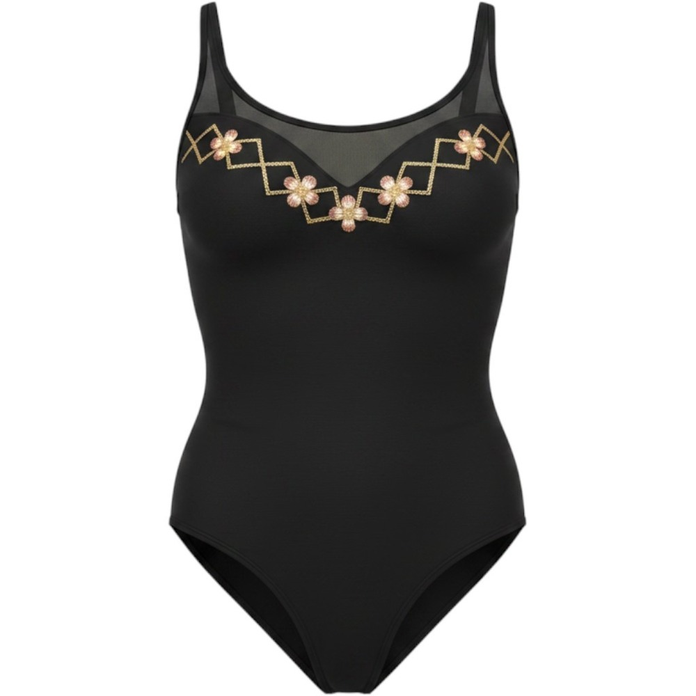 Sirena One Piece Swimsuit Womens 10 Black Floral Embroidered Mesh Neck Vintage
